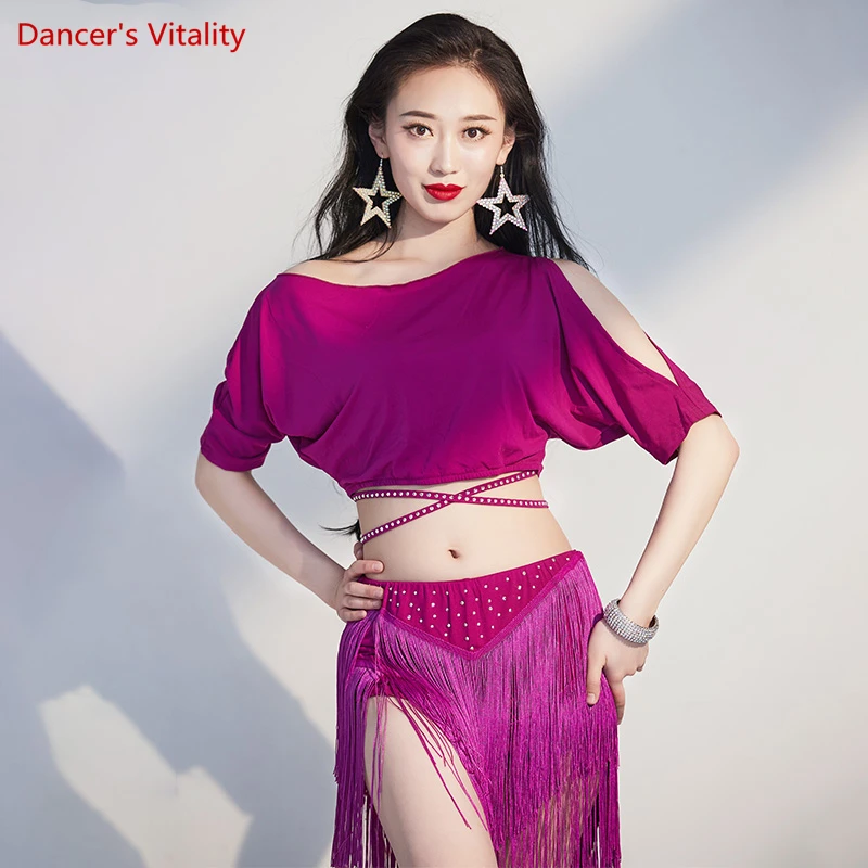 Traje de entrenamiento de danza del vientre para mujer, Top de manga corta + falda de borla, traje de actuación de danza del vientre, atuendo Oriental femenino