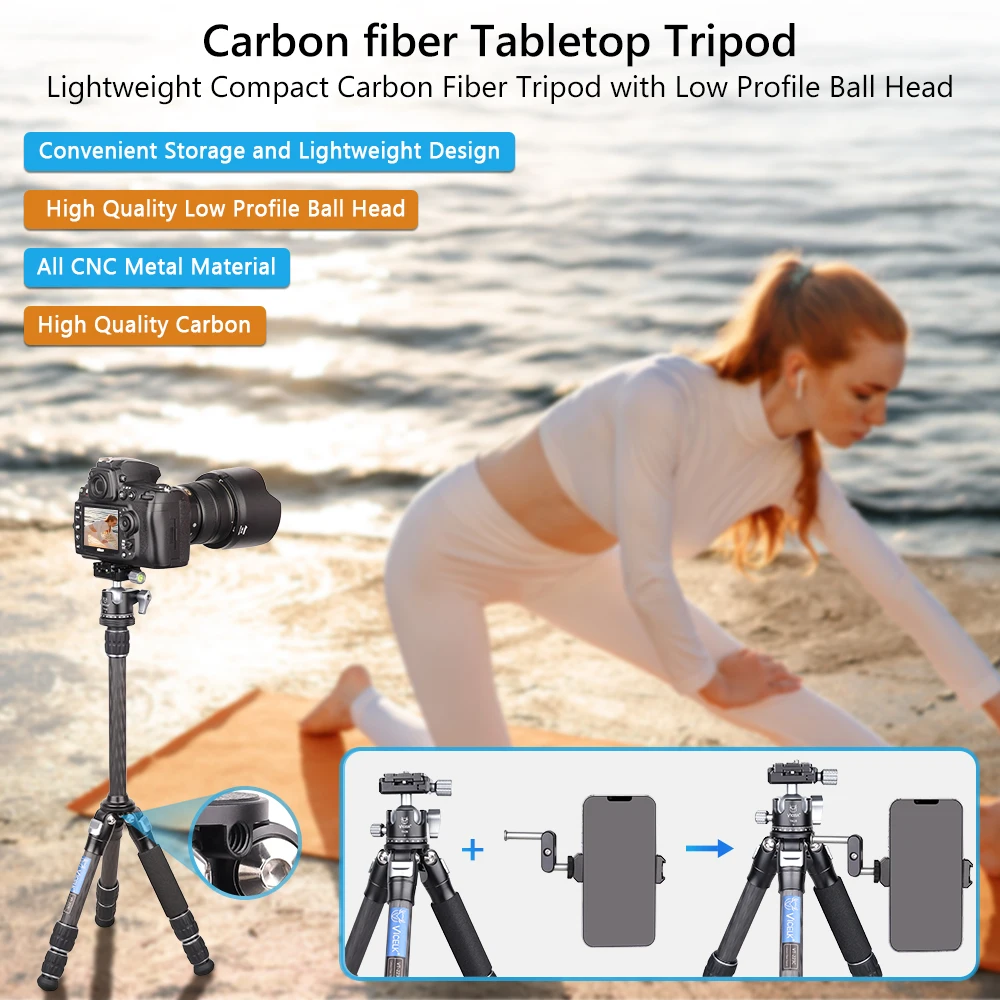 VT223C+TH28 Carbon Fiber Mini Lightweight Compact Tabletop Tripod with Magic Arm and Phone Clip for for Mobile Phone,Camera,DSLR