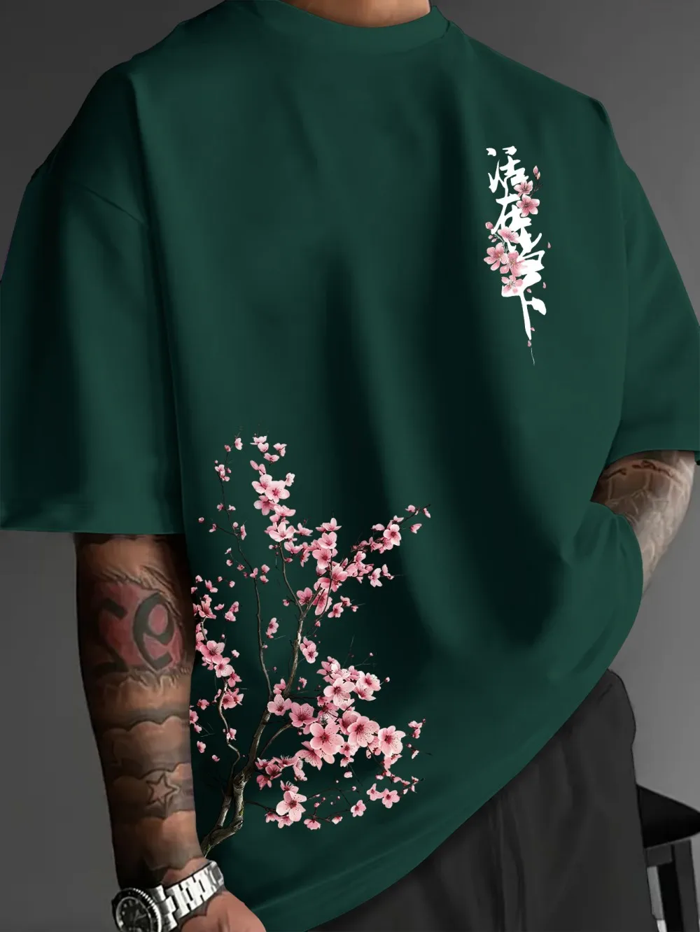 Neues amerikanisches Herren-Sommer-T-Shirt mit Kirschblüten- und Schriftzug-Print, mikroelastisch, atmungsaktiv, Rundhals, für Outdoor und Freizeit. – Detail 11