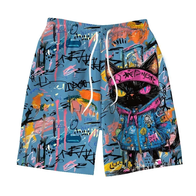 

3D Cat Print and Colorful Grfiti Men's Shorts, Beautiful Animal-patterned Beach Shorts, Summer Breathable Swimming Trunks