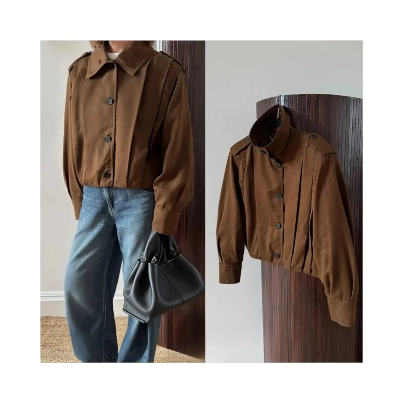 

Autumn Winter Women Jacket with Shoulder Tabs Fashion Turn Down Collar Long Sleeves Pleated Lady Warm Coat Chic Female Tops