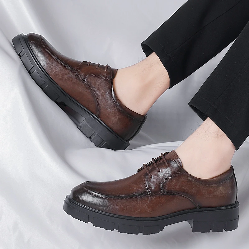 Height Increasing Hand Grained Pattern Formal Business Low Top Lace Up Thick Sole British Style Breathable Groom Wedding Shoes