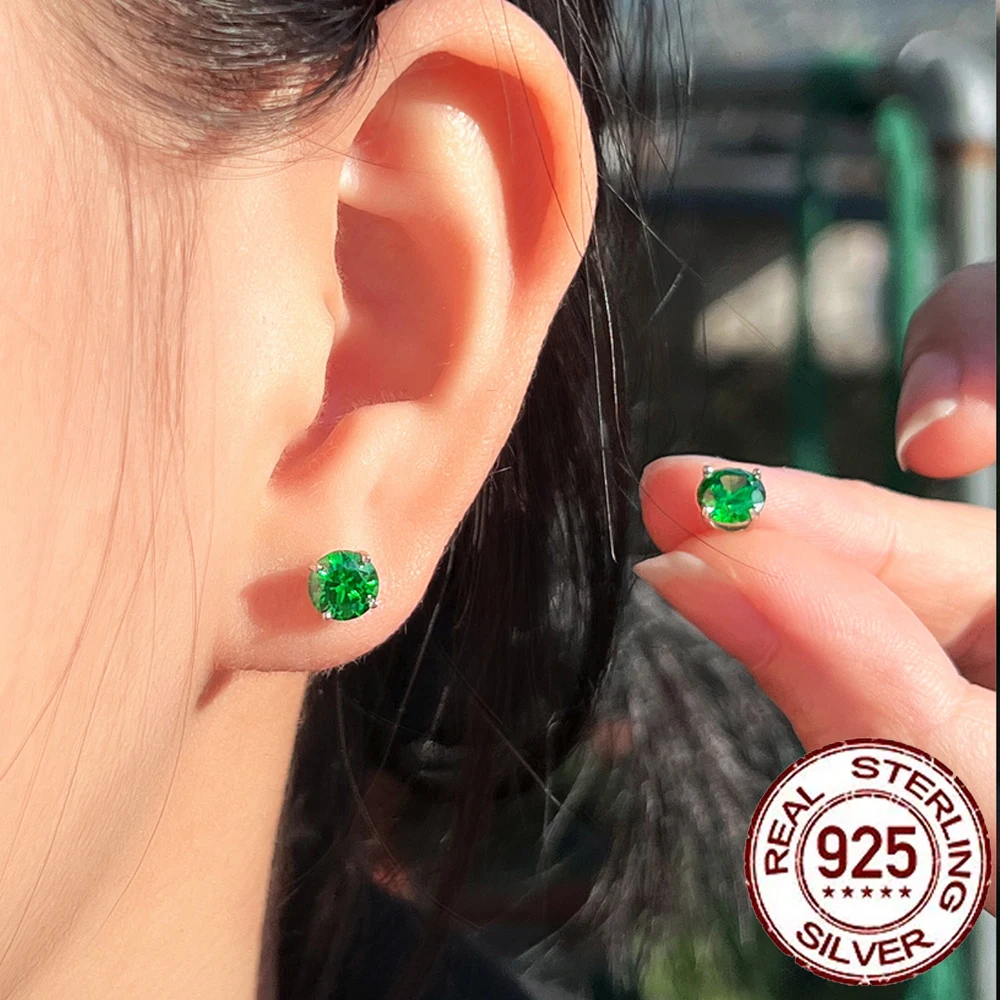 CWWZircons Dainty 925 Sterling Silver Emerald Green Cubic Zircon Gem Stones Stud Earrings for Women Party Jewelry Gift SE049