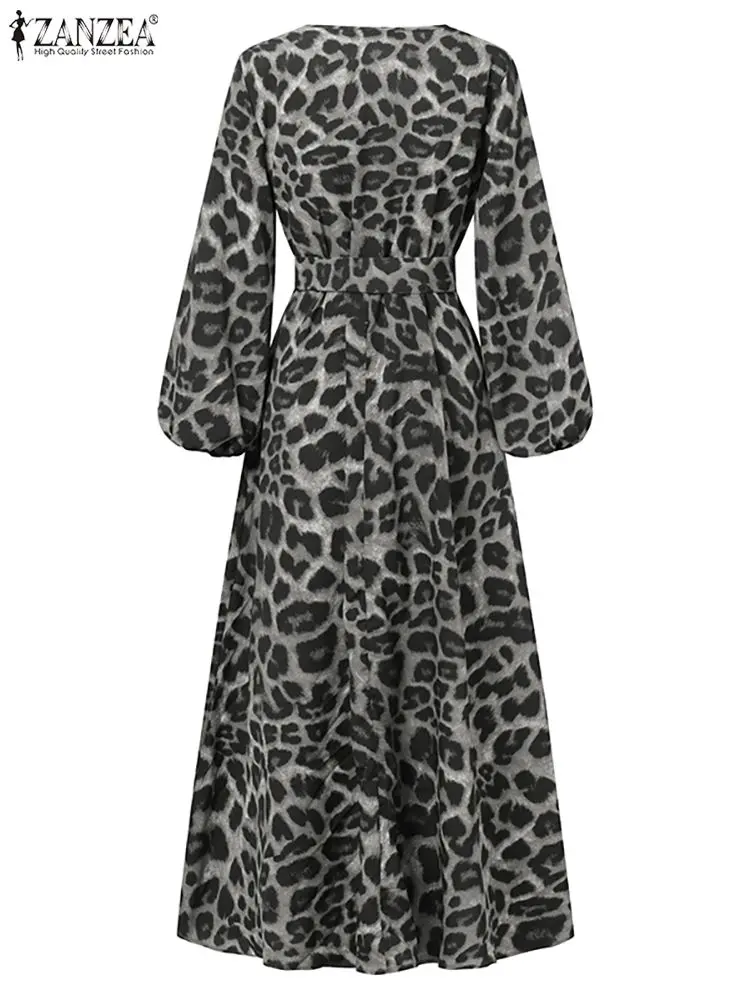 ZANZEA-vestido de manga comprida com estampa leopardo para mulheres, vestido maxi vintage, gola V, vestido de festa, moda feminina, outono