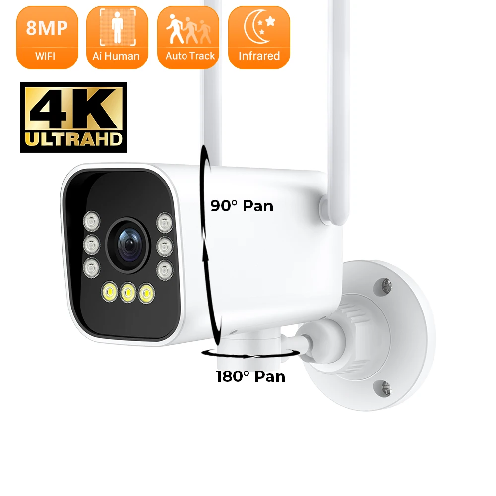 Caméra de surveillance extérieure PTZ IP WiFi HD 2MP/8MP/4K (ONVIF Bullet), dispositif de sécurité sans fil, étanche, avec suivi automatique