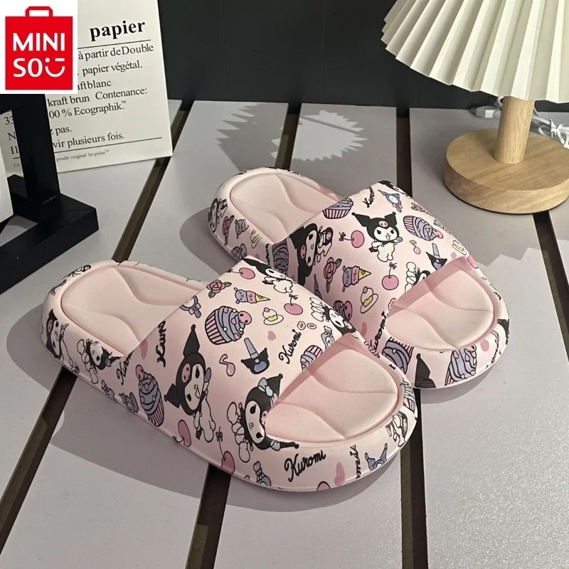 Miniso Zomer Schattige Cartoon Kuromi Zachte Zool Bovenkleding Dikke Zool Pantoffels, Anti Slip En Slijtvast Één Woord Slippers