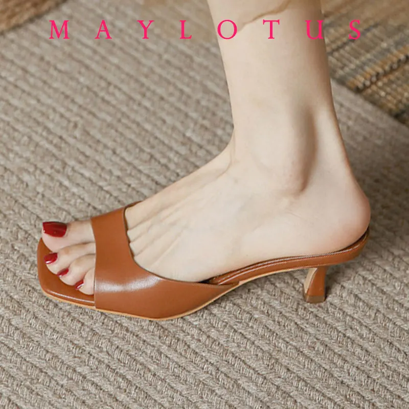 Size 34-43 Women Heeled Mules Sandals Soft Genuine Leather 6cm Heels Summer Shoes For Women Slippers Vintage Square Toe Mule
