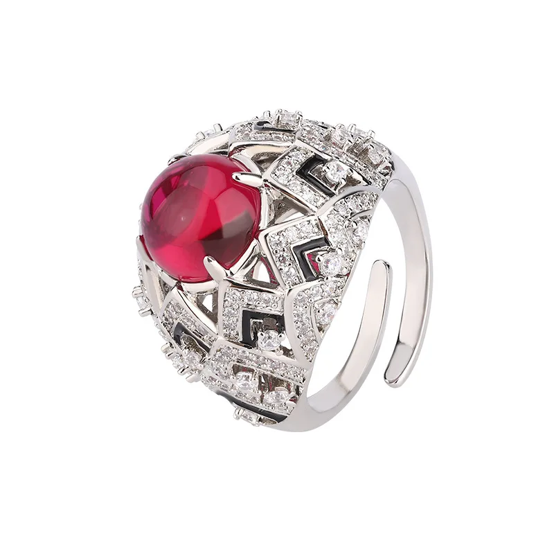 فاخر كامل الماس مزاجه يوان الشكل الملكي الأزرق الأحمر اكسيد الالمونيوم الزركون الأخضر العقيق الدائري الصقيل حلقة مفتوحة للنساء #5