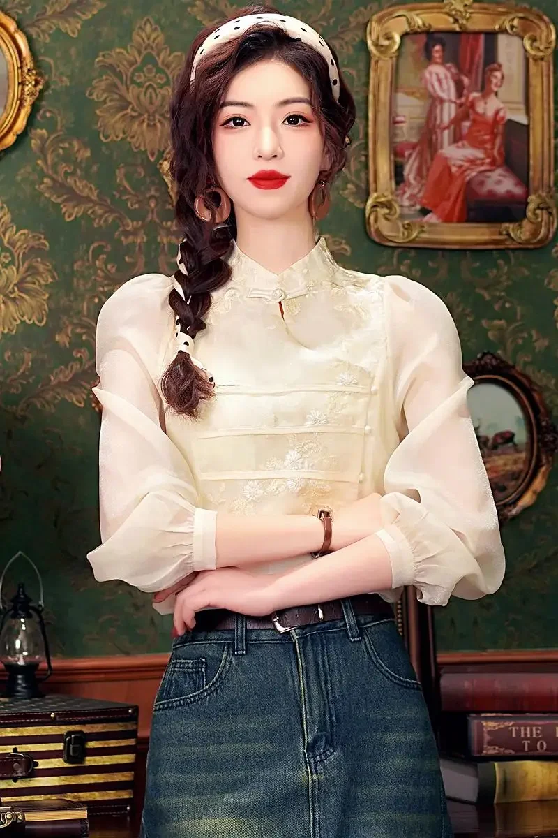 Fashion Chinese Style Embroidery Chiffon Women Blouse Shirt Tops Blusas Mujer De Moda 2024 Long Sleeve Blouse Women Blusa H518