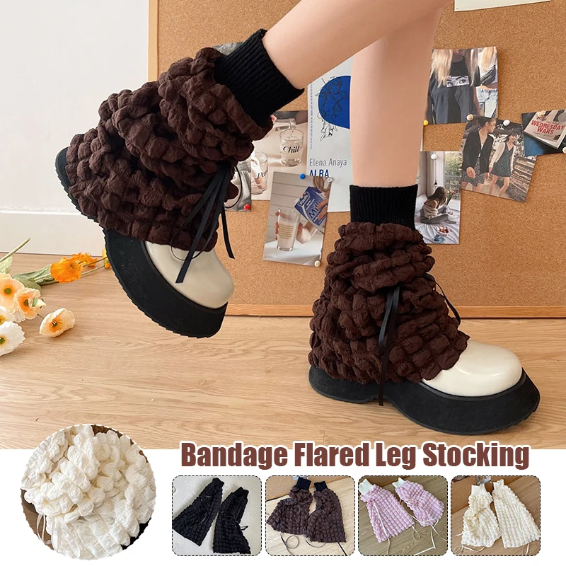 Korean Puff Plaid Bandage Leg Warmers Sweet Hot Girls Lolita Y2K Fashion Stretch Foot Warm Cover Autumn Winter JK Pile Up Socks