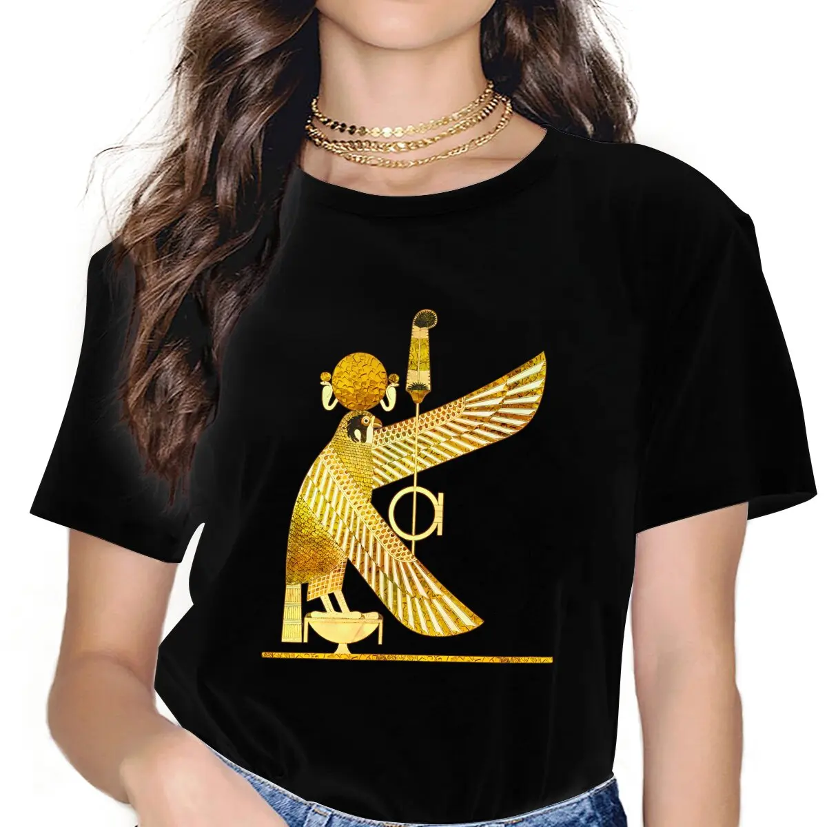 Goldener ra ägyptischer Sonnengott runder Kragen Polyester T-Shirt altes ägyptisches Symbol klassisches T-Shirt Frau