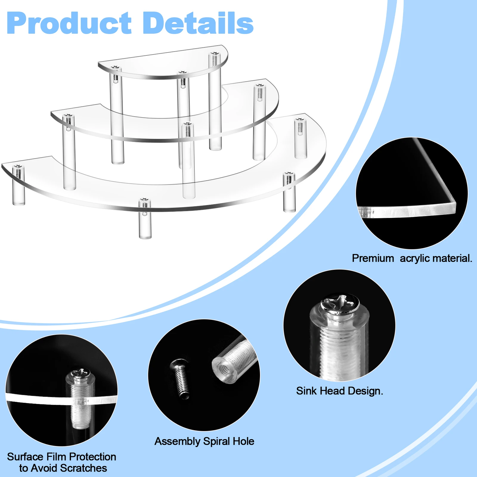 

2 шт. высококачественные акриловые подставки-витрины, легко собираемые, полукруглые/полукруглые стойки для десертов, тортов, гаражных наборов, косметики, для вечеринок, для ванной комнаты