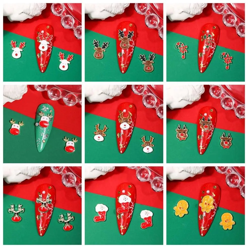 Desenhos animados Elk Natal unhas Decorações, Natal Árvore Doce Shaped, Strass Liga, Xmas Nail Charms, 10pcs por conjunto