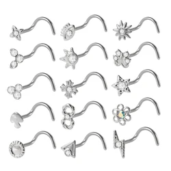 1PC Surgical Steel Zircon L-shaped Nose Bone Ring Heart Star Round Top Screw Nose Piercing Retainer Holder Body Jewelry 20g