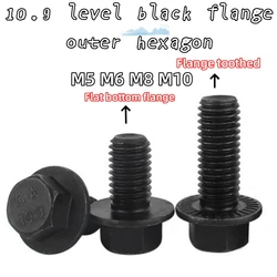 3/5/10/20pcs M5 M6 M8 M10 Black Alloy Steel Grade 10.9 Flange Surface Flat Bottom With Serrated Outer Hexagon Mechanical Screw