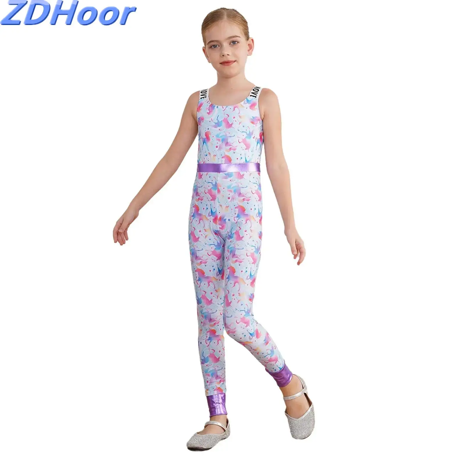 

Kids Girls Cartoon Print Dance Leotard Sleeveless Back Hollow-Out Design Print Legging Bodysuit for Gymnastics Clothes