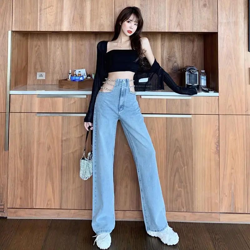 Design Sense Chain High Waist Hollow Out Sexy Loose Straight Tube Jeans Women's Spring Korean Spicy Girl Wide Leg Pants Trend