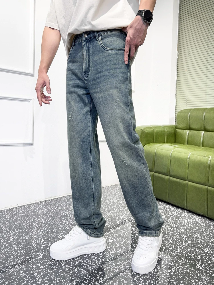 

ntleman Men's Casual Straight Leg Jeans Denim Waed mid Waist Autumn Winter Faion Ci Wear Resistant Straight Tube Pants