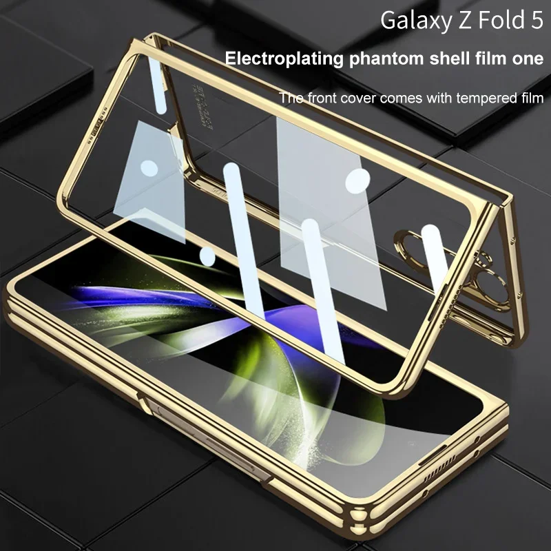 Ultra-thin Electroplated Transparent Phone Case For Samsung Galaxy Z Fold 5 with Tempered Film All-inclusive Seismic Anti-drop