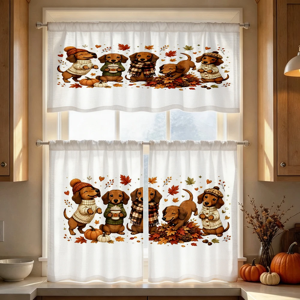 Cartoon Kitchen Curtains, Dachshund Dog Autumn Leaf, Digital Print, Kitchen Dining Room, Rod Pocket Polyester, Home Decor