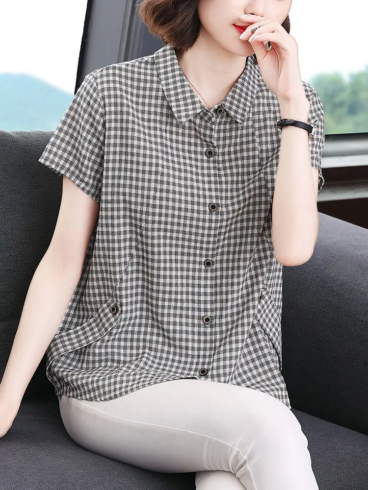 Plaid Shirt Summer New Short-sleeved Pure Cotton Women Fashionable and Loose Top