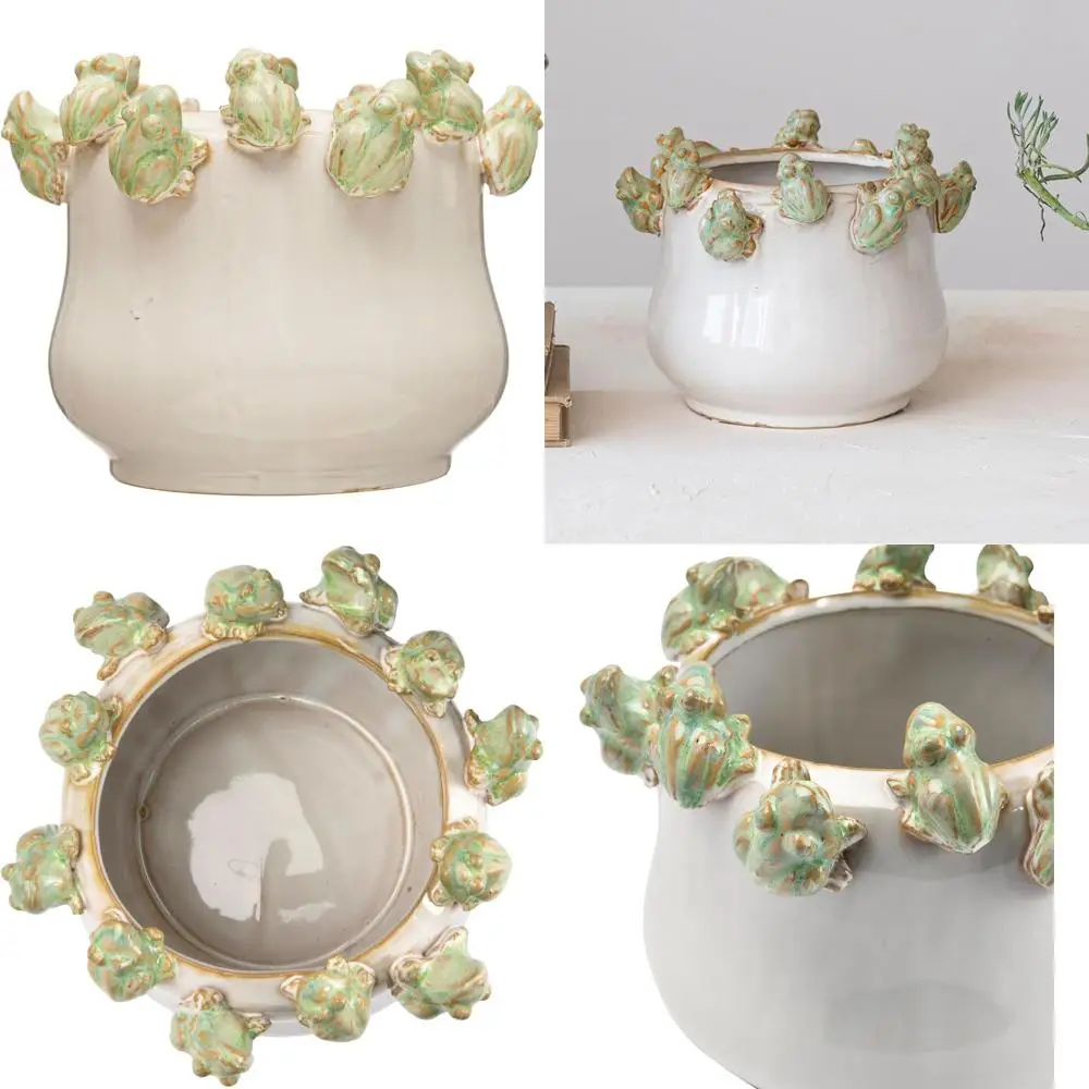 

Кашпо из керамики с декором в виде лягушки, с реактивной зелено-белой глазурью