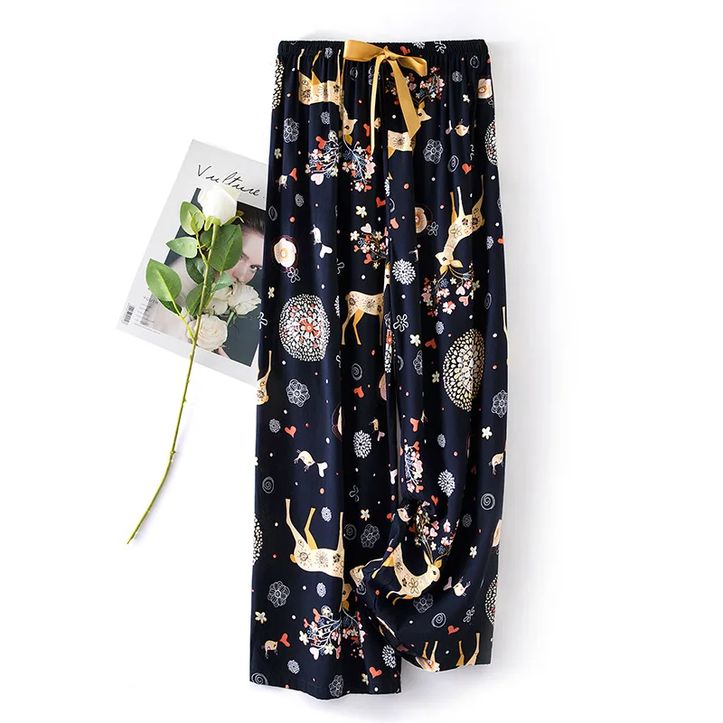 Pajama Pants Woman Rayon Floral Pattern Wide-Legged Trousers Cotton Silk Sleeping Pants Autumn and Winter Outside Homewear Girl