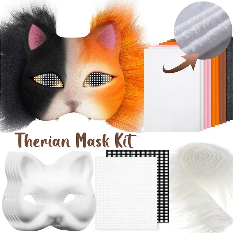 Therian Mask Set Blank Mask Half Face Hand Drawn Animal Cat Fox Mask DIY Handmade Graffiti Half Face Mask Party Christmas Gifts