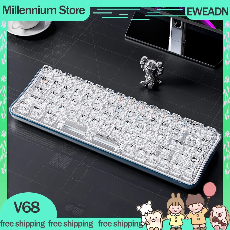 

Eweadn V68 Mechanical Gaming Keyboard Wirelss Bluetooth Keyboards transparent 3Mode Rgb Backlight Esports Gamer Keyboards Office