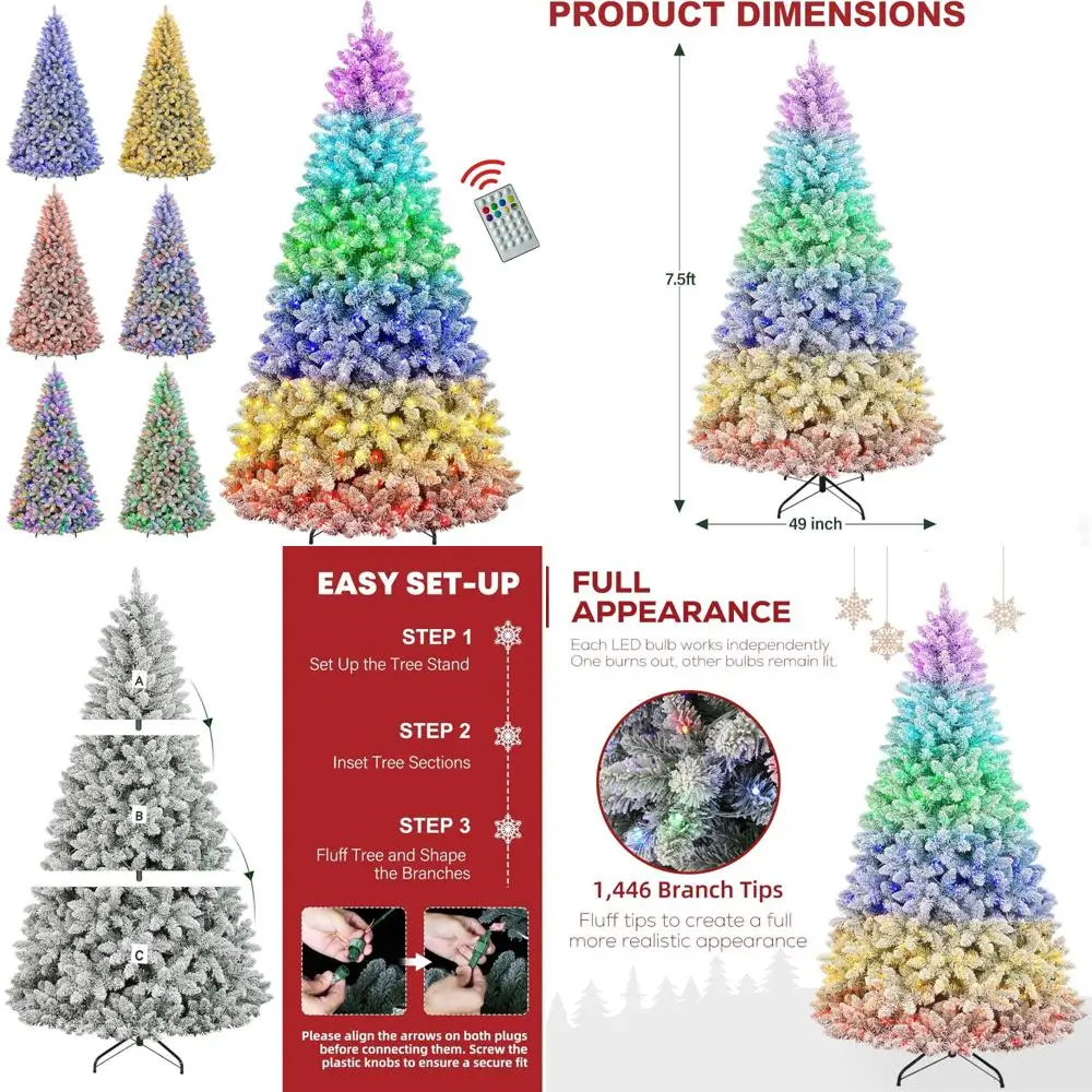 شجرة عيد الميلاد الاصطناعية المتدفقة الثلجية المضاءة مسبقًا بطول 7.5 أقدام مع أطراف PVC وجهاز تحكم عن بعد