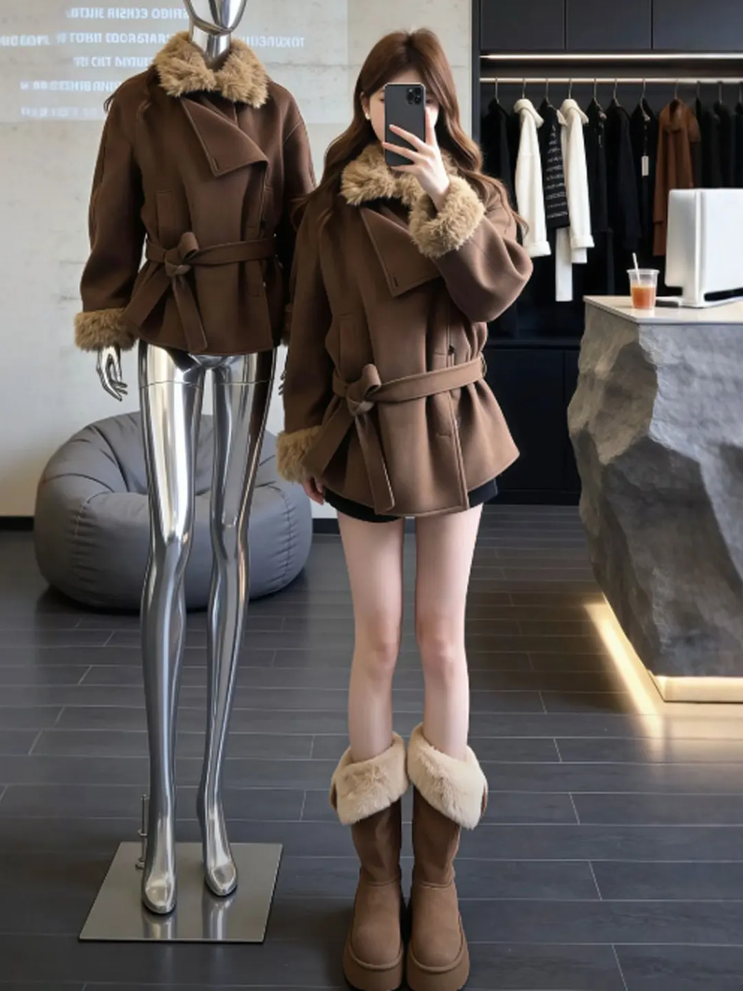 

Корейское модное вязаное пальто с поясом, подчеркивающим талию, с высокой талией, зимняя верхняя одежда для женщин, длинный рукав