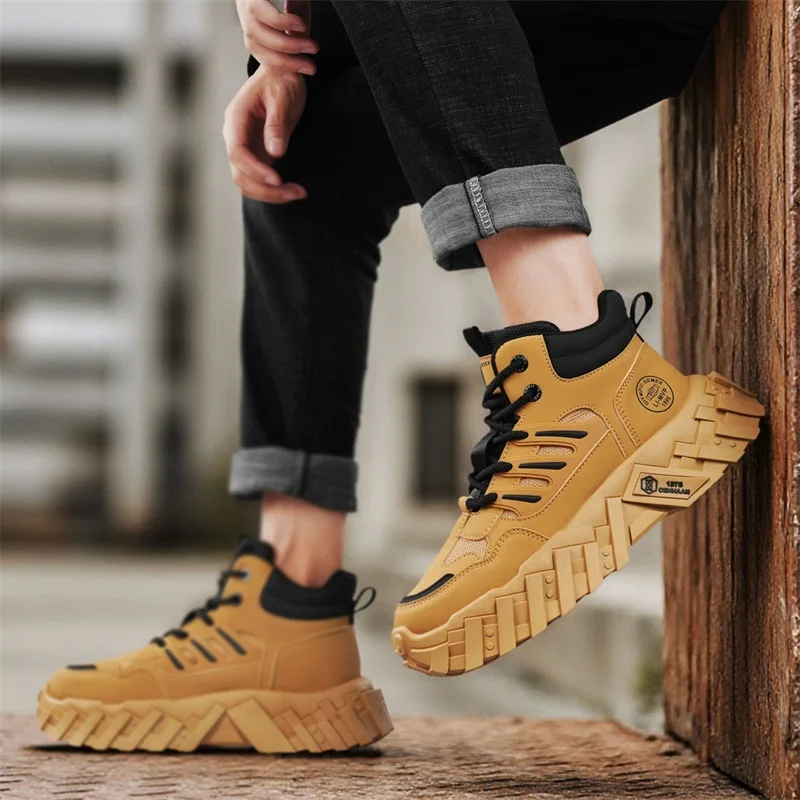 بلون أربعة مواسم كبيرة الحجم منتصف أعلى المضادة للانزلاق ومقاومة للاهتراء عالية الجودة جلد الرجال أحذية العمل الرياضية غير رسمية #1