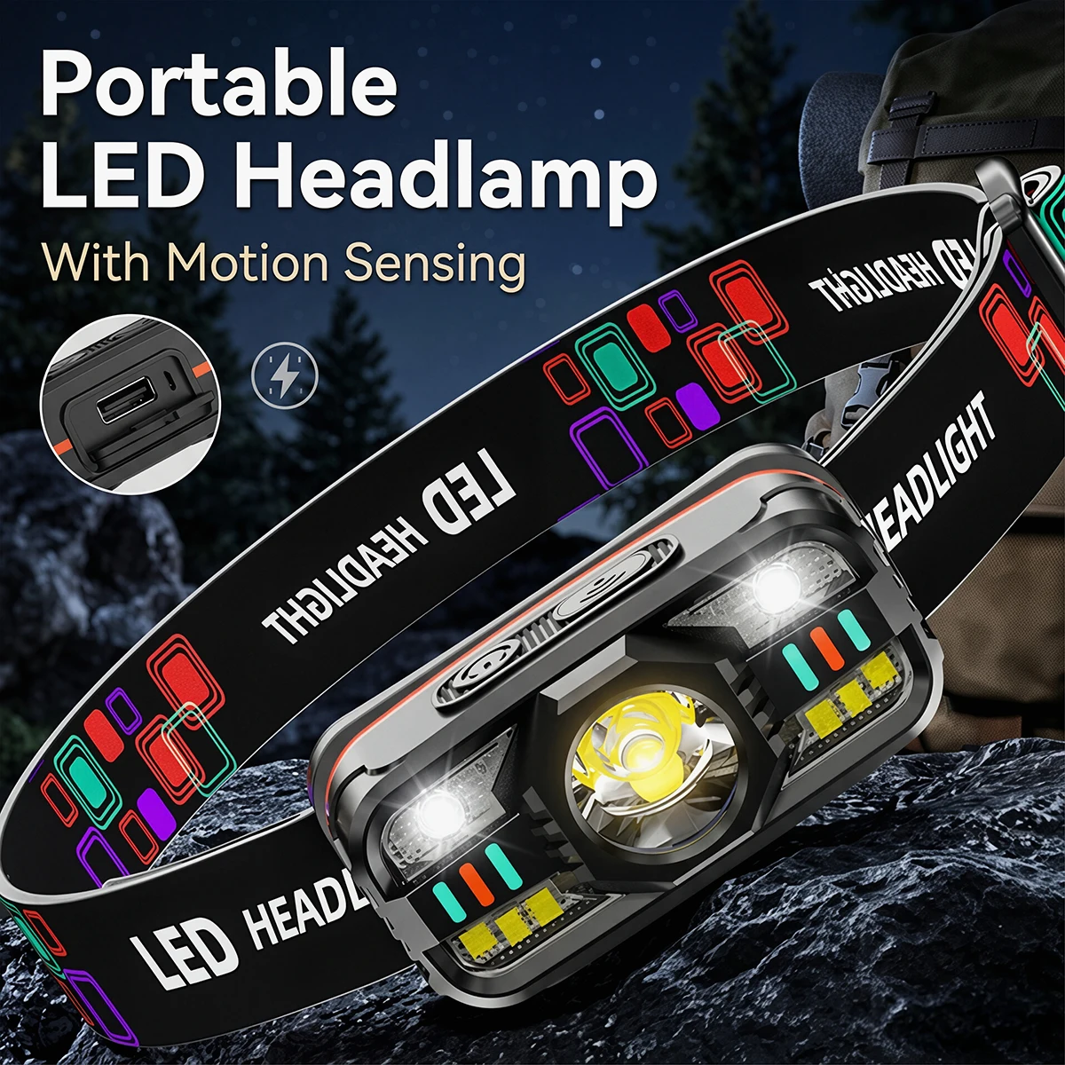 Rechargeable Sensor LED Headlamp Portable Lightweight Light Built-in Battery 6 Modes Fishing Head Torch Outdoor Camping Lantern