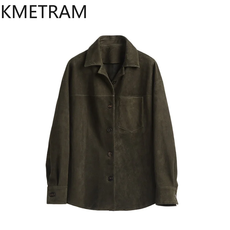KMETRAM Vintage Genuine Leather Jacket Woman Mid Length Shirt Leather Coat Crossbreed Sheep Suede Jacket of Woman Кожаная Куртка