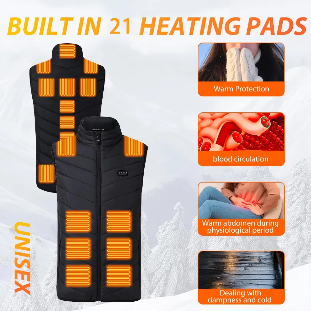 

21 Areas Heated Vest Men Women USB Electric Heating Jacket Winter Intelligent Constant Temperature Heating Clothes 4 Switches