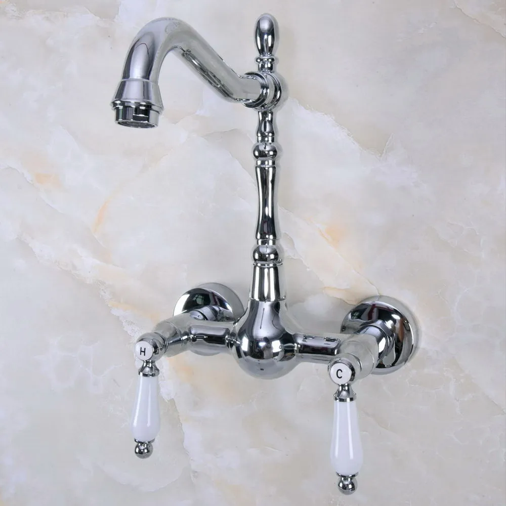 Polished Chrome Wall Mounted Swivel Spout Bathroom Sink Faucet Double Handle Mixer Tap Wall Mounted  Lnf961