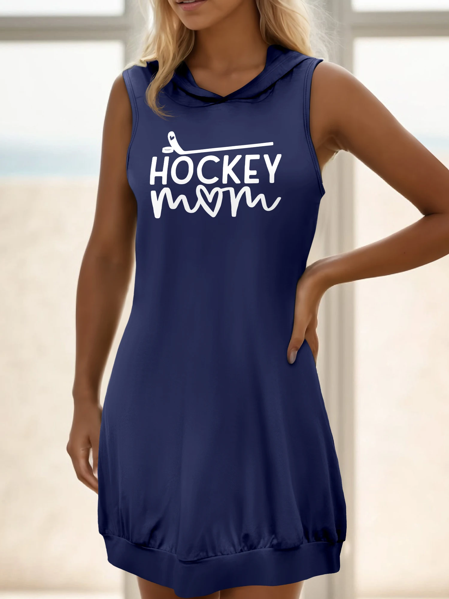 

Womens Sleeveless Hooded Dress Hockey Mom Print Casual Loose Mini Tank Dress For Sports Moms
