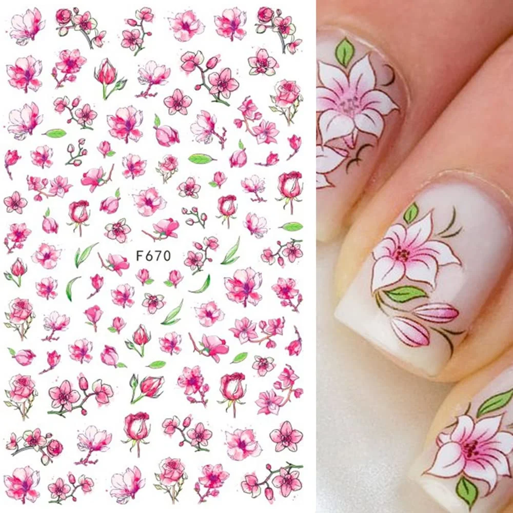 1Sheet Pink Cheery Blossom Nail Decals Summer Series Floral/Ink Painting Flowers Self-Adhesive Slider Paster 3D Manicure Sticker