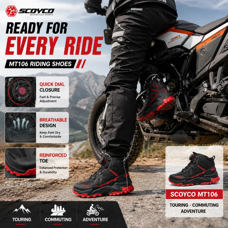 SCOYCO MT106 Motorcycle Riding Shoes Men Breathable Touring Boots Quick Dial Closure for Rally Adventure Commuting All Season