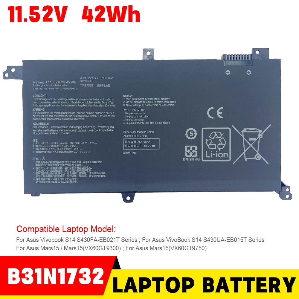 New B31N1732 11.52V 3853mAh 42WH Laptop Battery For ASUS VivoBook X430FN X571G F571G A571K571 RX571 N571 S571 S14 S430FA/S430FN/