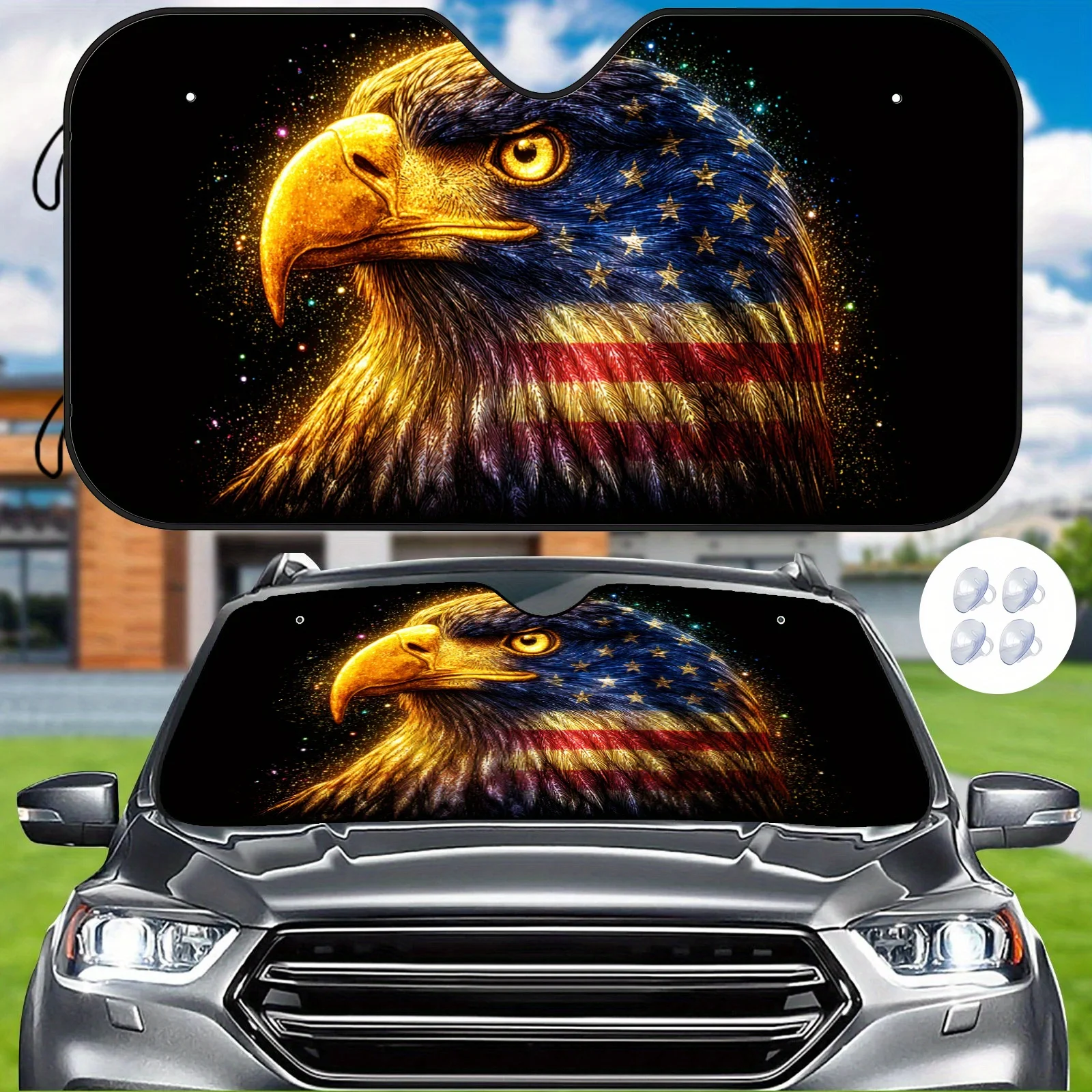 Starry Sky Eagle Car Windshield Sunshade, Featuring A Shining Eagle Head Design With National Flag Elements, Easy To Install And