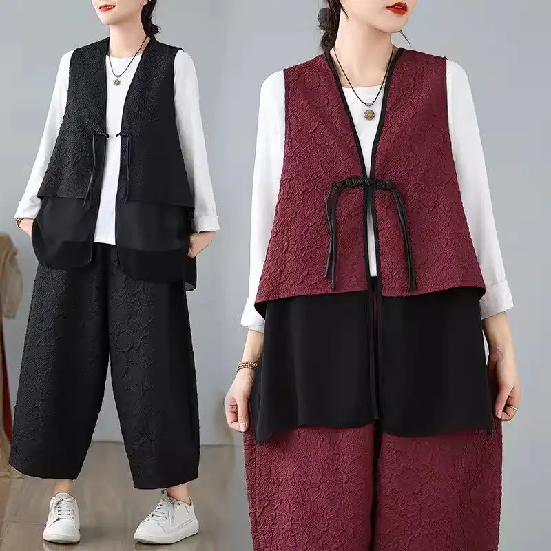 Vestito da donna in due pezzi di grandi dimensioni di moda 2024 autunno nuovo articolo gilet in stile cinese retrò Top pantaloni larghi a gamba larga Set K2329