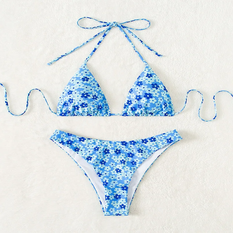 Mini bikini con scollo all'americana per donna Costume da bagno stampato floreale Abbigliamento da spiaggia estivo Costume da bagno con micro triangolo 2025