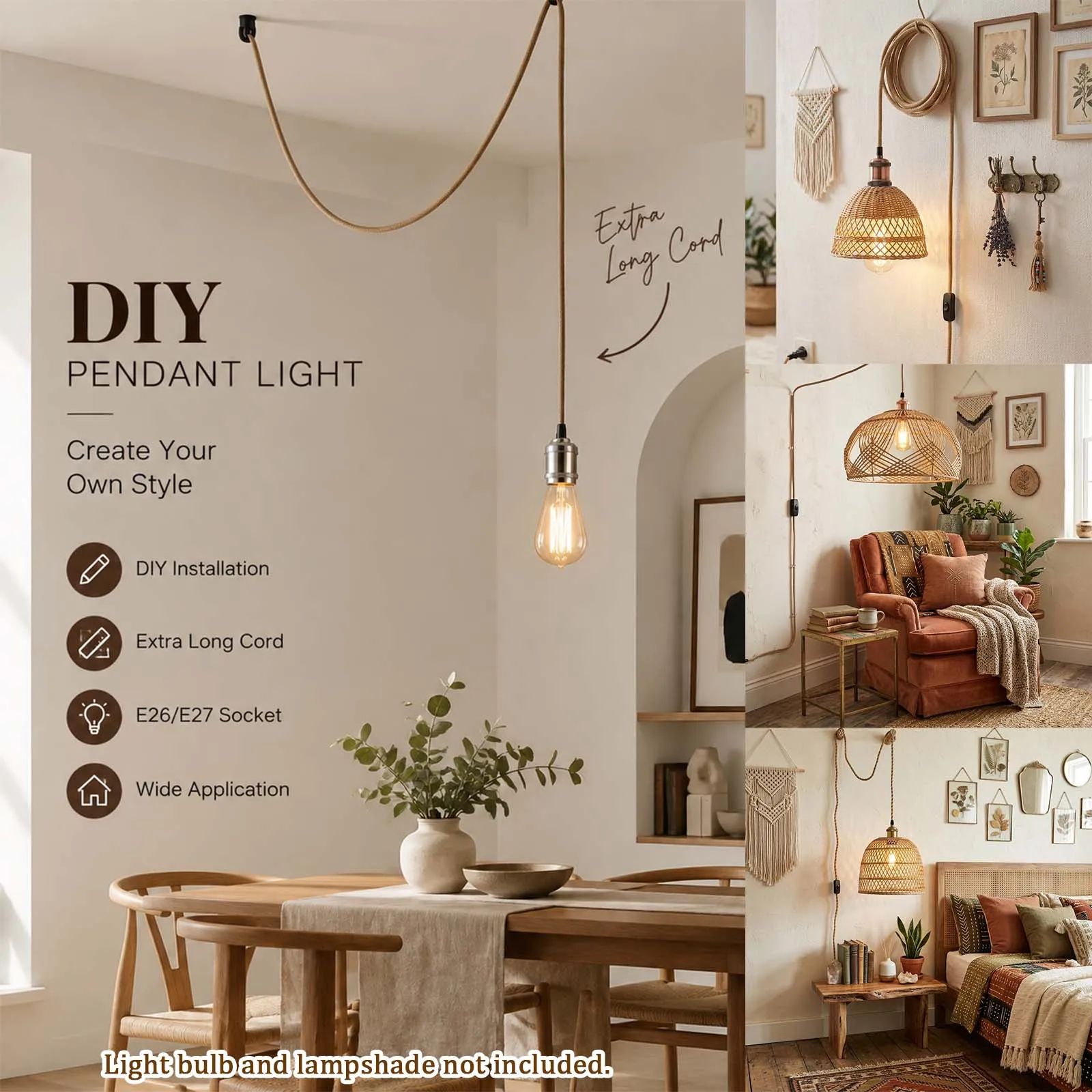 Pendant Light Cord Kit, Jute Braided Cable, Rose Gold Silver Socket, Inline Switch, EU Plug