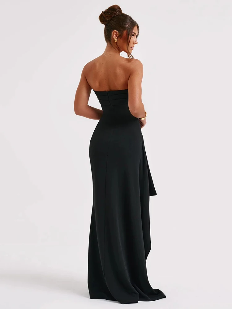 Mozision Strapless Backless High Split Maxi Dress For Women Black Off-shoulder Sleeveless Bodycon Club Party Long Dress Clothes