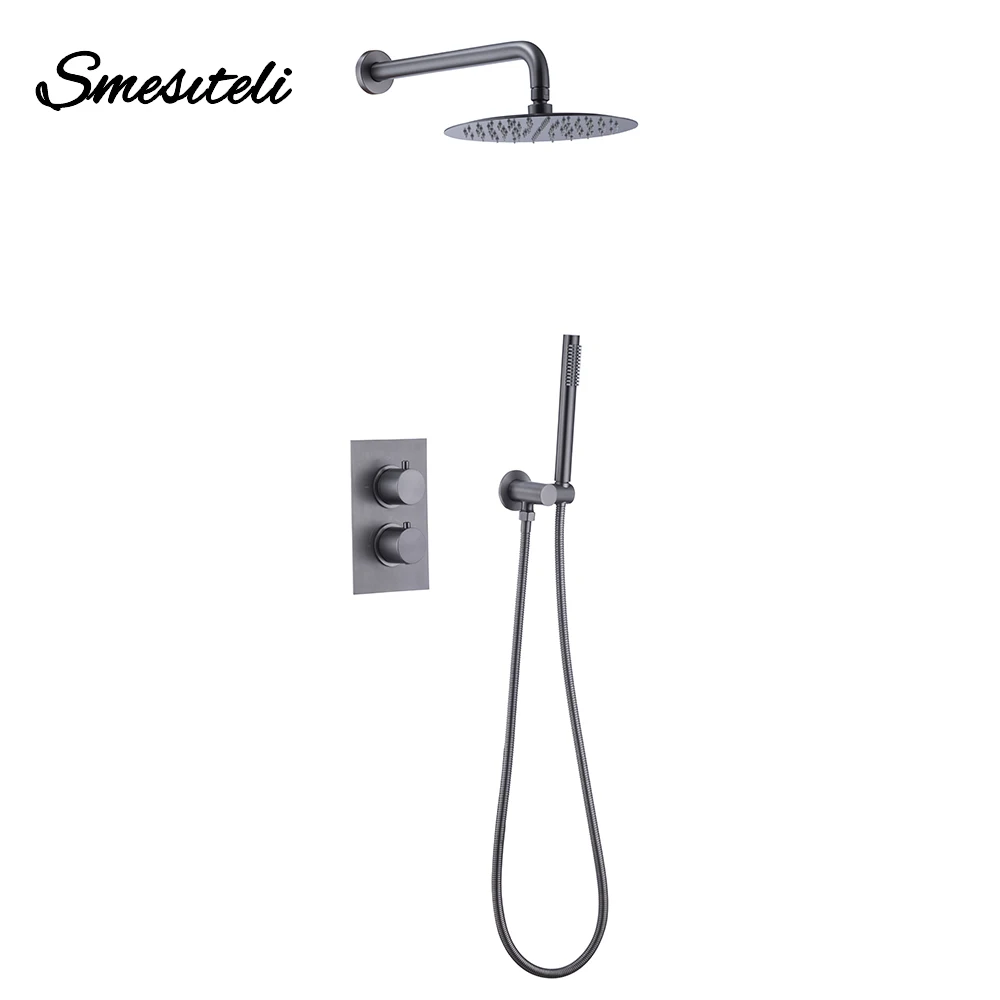 Bathroom Faucet Gunmetal Shower System Set Thermostatic Bath Shower 2 Ways 8-12 Inch Round Rainfall Shower Brass Kit