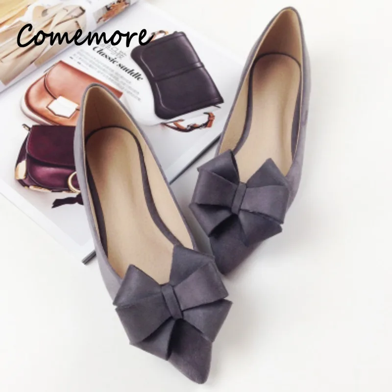 Comemore Women Wedding Shos Flock Leather Big Bowknot Solid Color Shallow Mouth Red 2023 Autumn New Bow Pointed Toe Flat Shoes