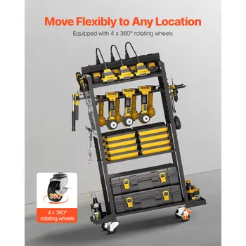 VEVOR - Carrito organizador de herramientas de 4 niveles con estación de carga, 8 tomas de CA, soporte de suelo con ruedas, soporte para taladros para taller y garaje 10 best sales Organizador de garaje - №7
