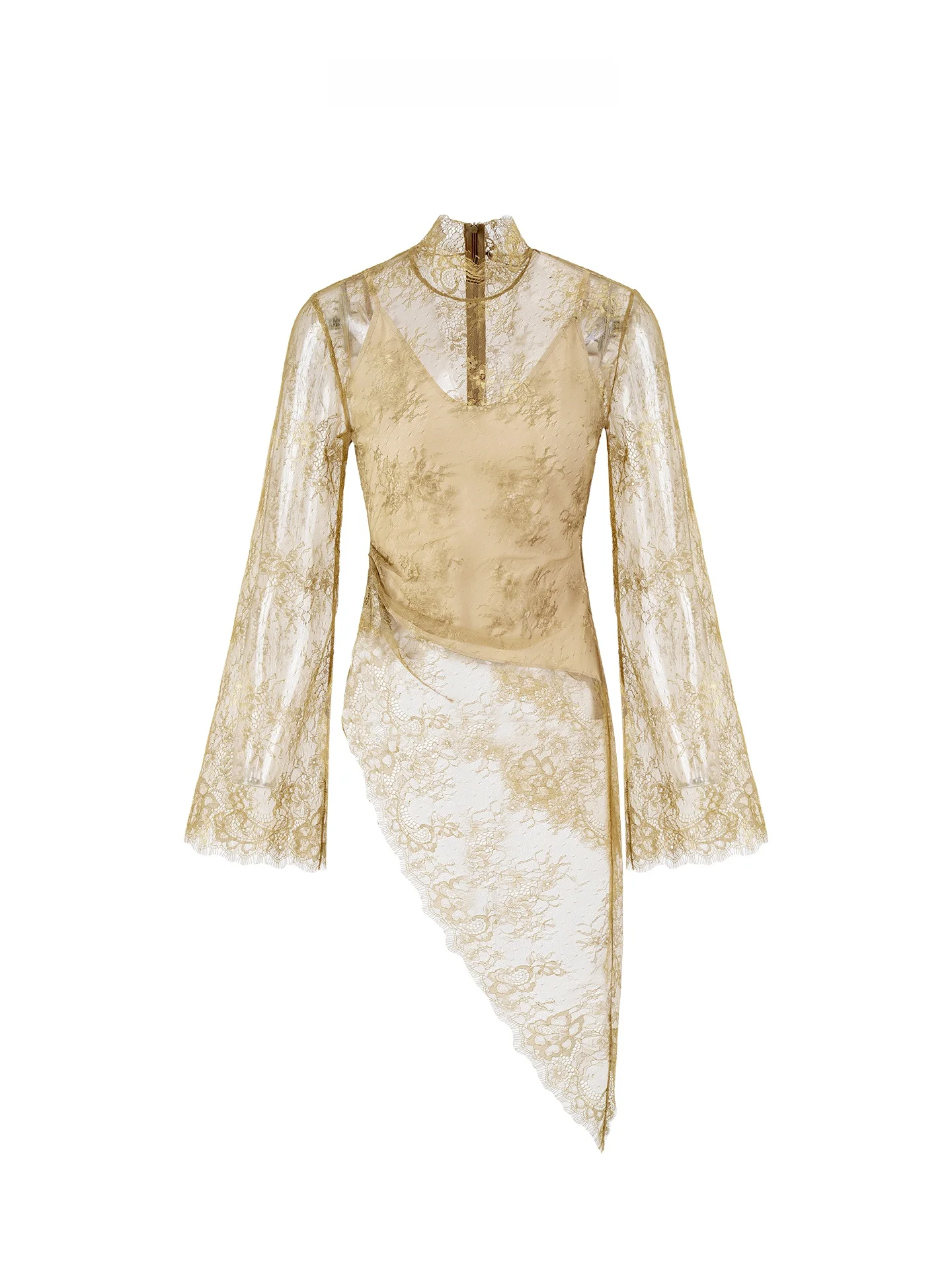 

Asymmetric Hem Yellow Lace Top Maggie Ma Classically Styled Long Sleeve Zipper Closure Floral Print Polyester Fiber