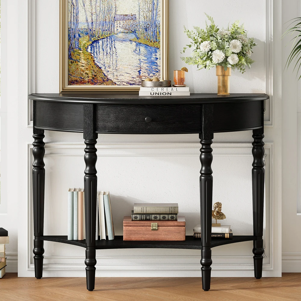 

TREXM Farmhouse Half Moon Console Table w/Drawer & Shelf - Accent/Sofa Table for Entryway,Living Room,Hallway&Foyer(Black)